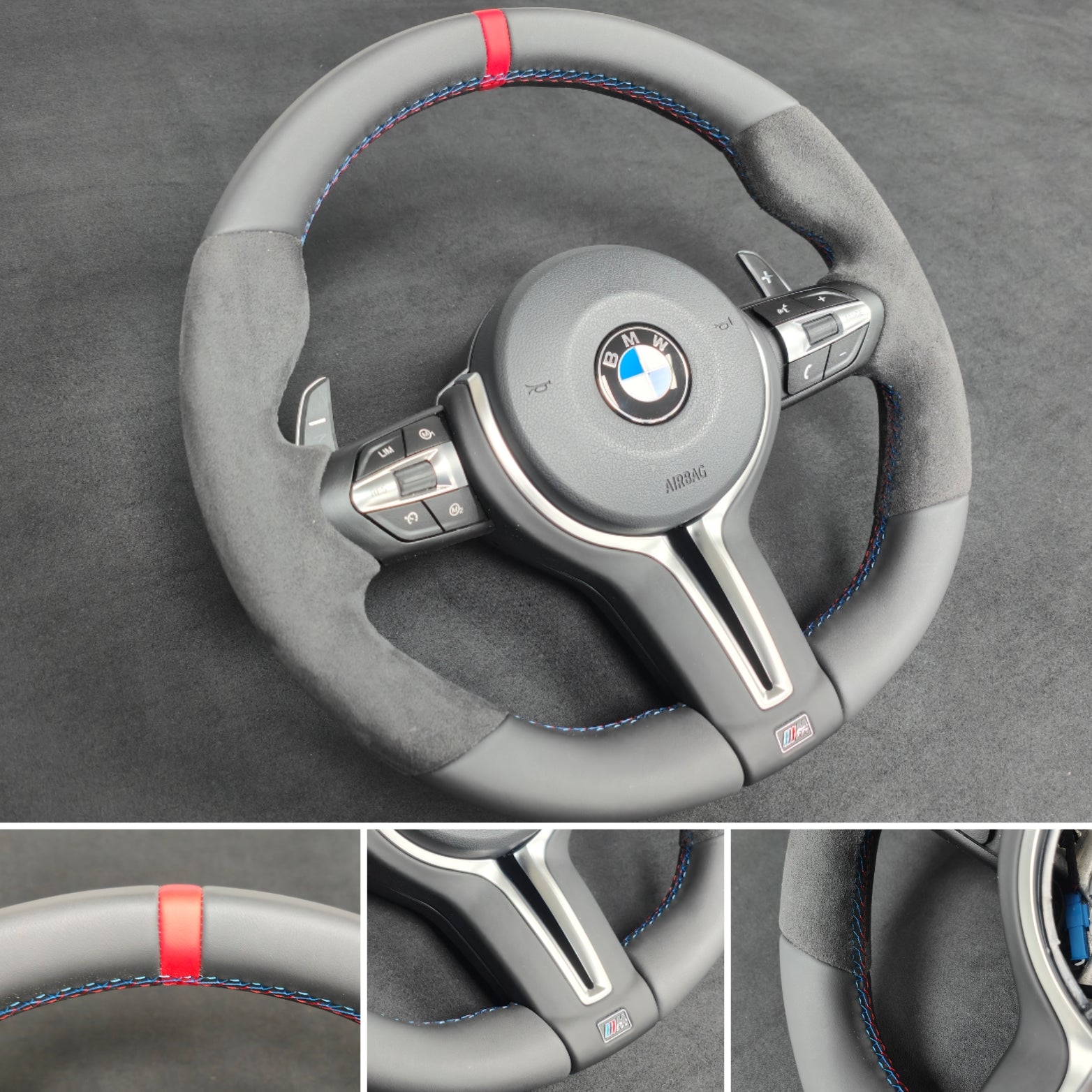 BMW F-SERIES NAPPA LEATHER TRI-STITCH / ALCANTARA / RED RING STEERING WHEEL - BMW 1 2 3 4 5 X SERIES